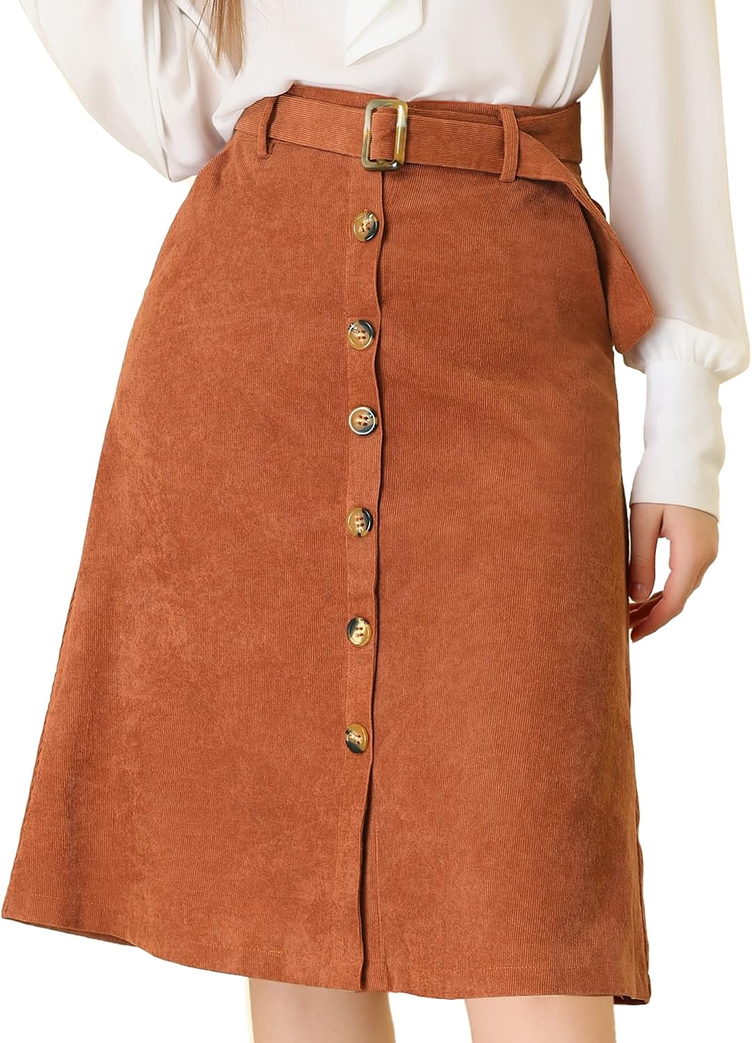 Allegra K Women's Button Front High Waist A-Line Belted Corduroy Midi Skirt