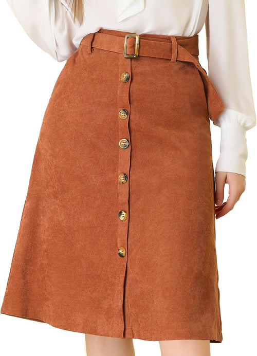 Allegra K Women's Button Front High Waist A-Line Belted Corduroy Midi Skirt