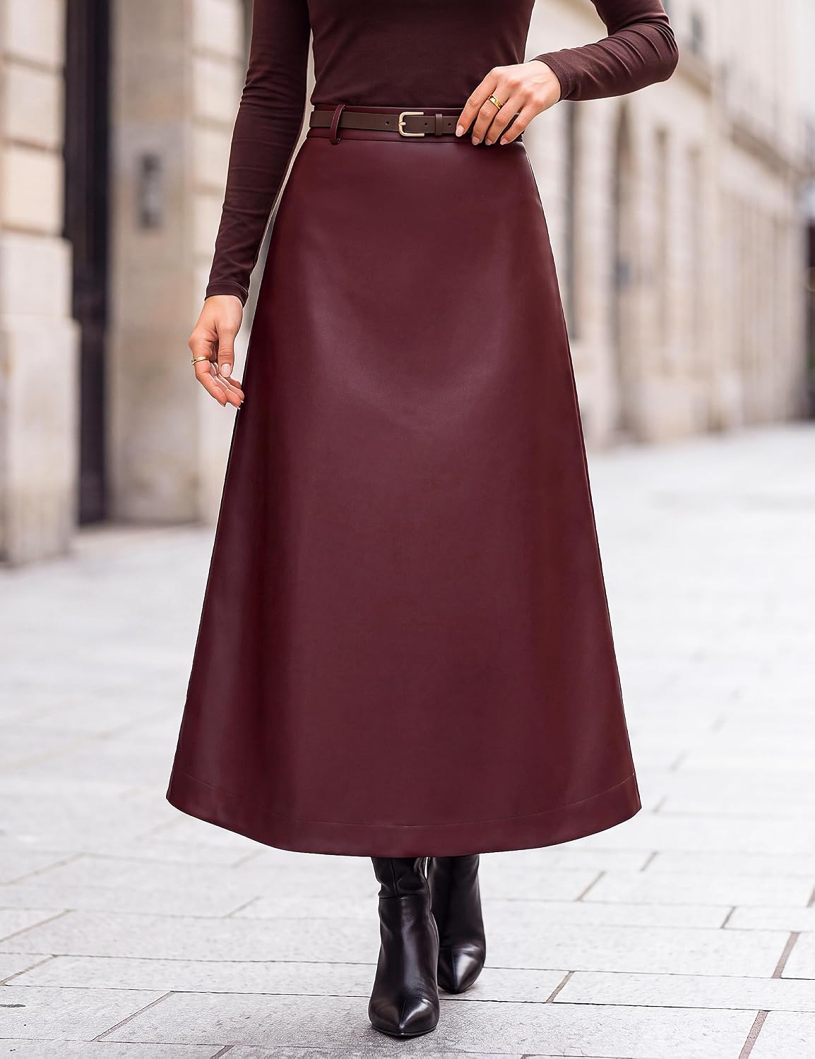 Blooming Jelly Womens Faux Leather Midi Skirt High Waisted A-Line Back Slit