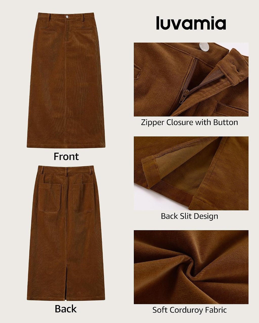 luvamia Corduroy Skirts for Women Midi Length High Waisted Trendy Fall Elastic Waist Casual Stretchy Welt Pockets Skirt