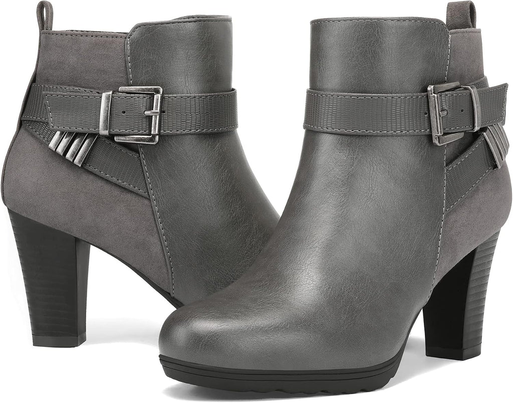mysoft Women's Chunky Stacked Heel Ankle Boots Zipper Buckle Booties