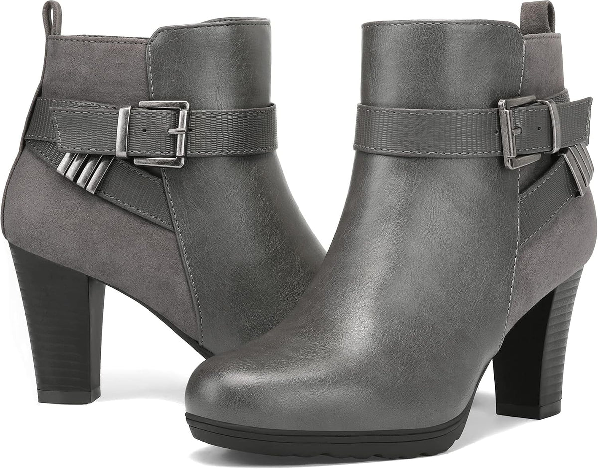 mysoft Women's Chunky Stacked Heel Ankle Boots Zipper Buckle Booties