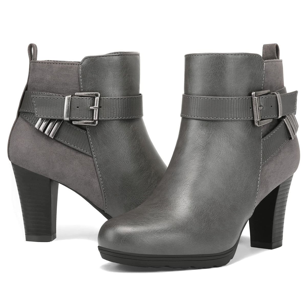 mysoft Women's Chunky Stacked Heel Ankle Boots Zipper Buckle Booties