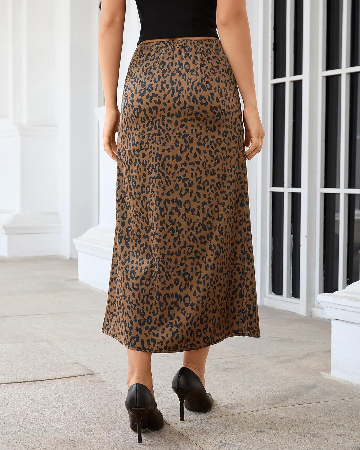 luvamia Women Satin Skirt Leopard Print Maxi Long Stretchy Elastic Skirts