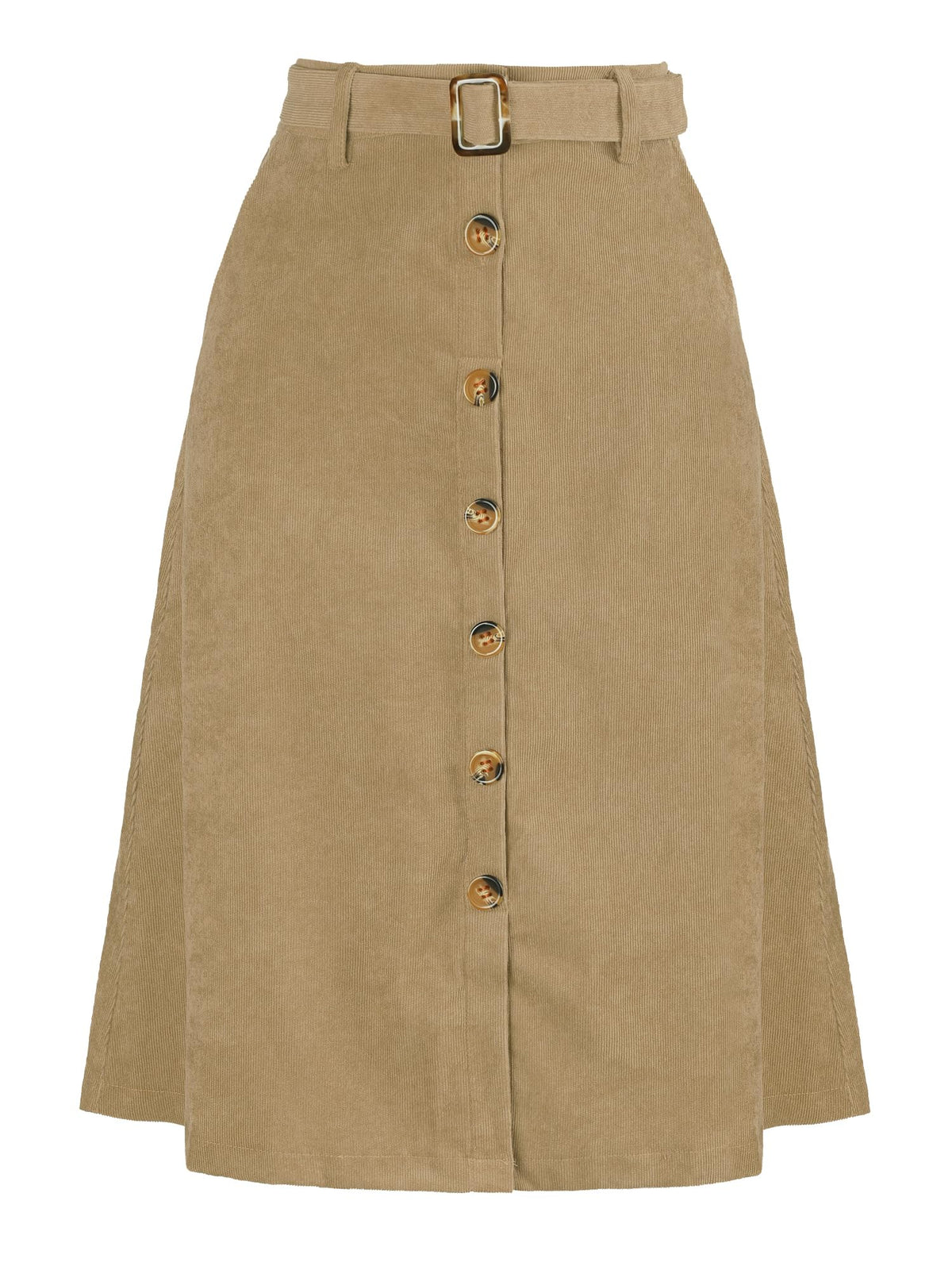 Allegra K Women's Button Front High Waist A-Line Belted Corduroy Midi Skirt