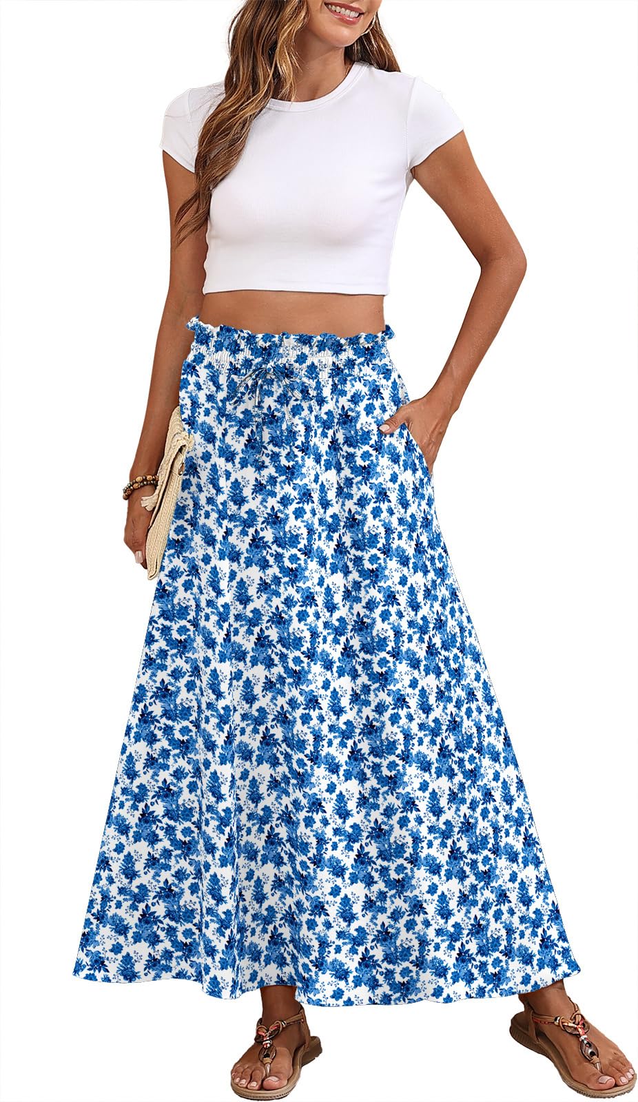 Askyes Womens Maxi Skirt Summer Tie Knot Elastic High Waisted Boho Casual Beach Flowy Swing Long Skirts with Pockets