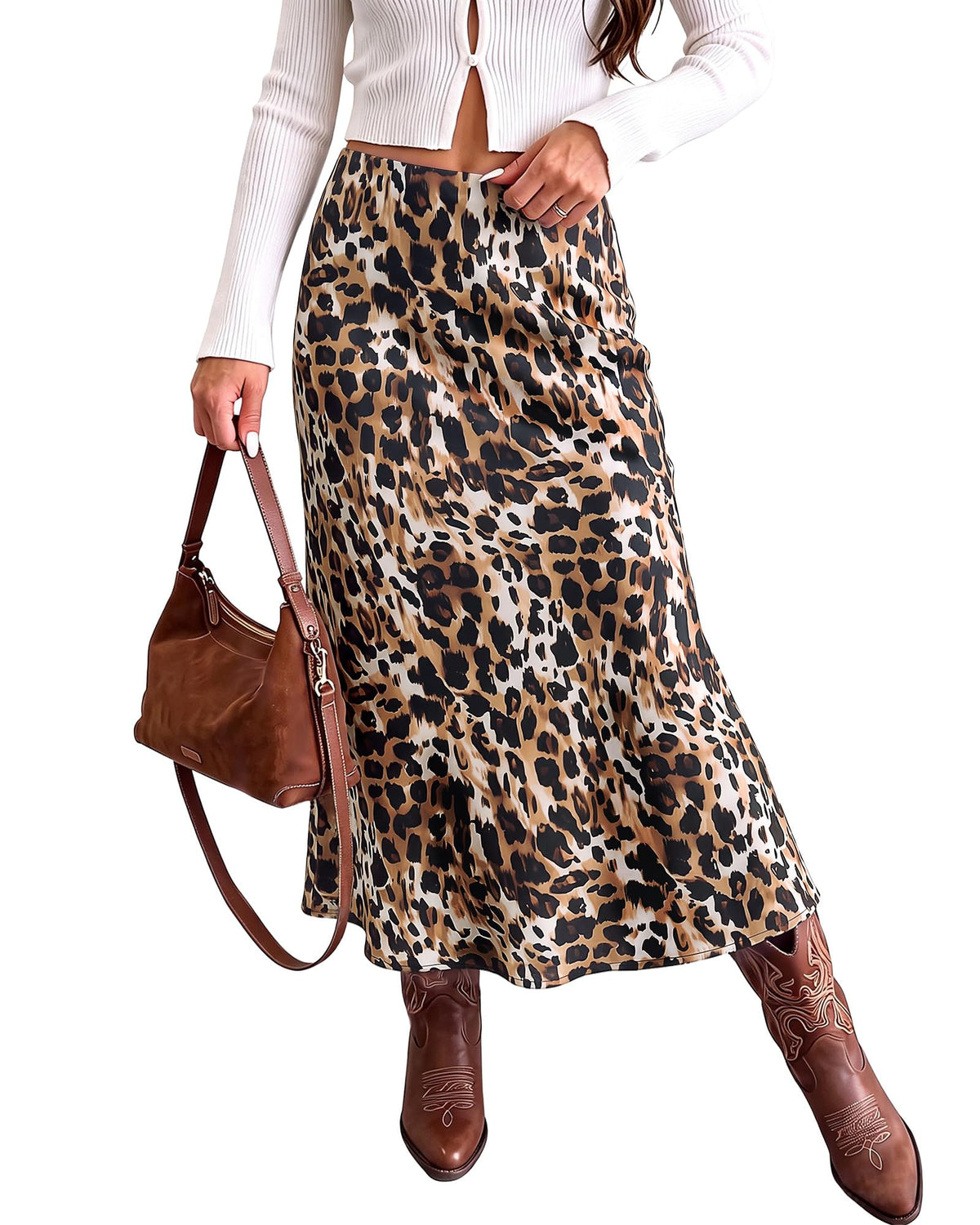 luvamia Women Satin Skirt Leopard Print Maxi Long Stretchy Elastic Skirts