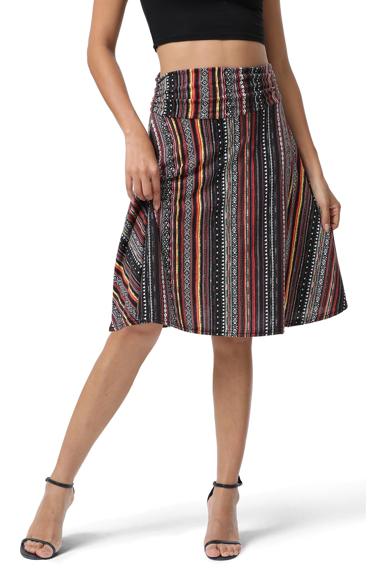 Urban CoCo Women's Ruched High Waist Knee Length Jersey A-Line Stretchy Flared Casual Skirt
