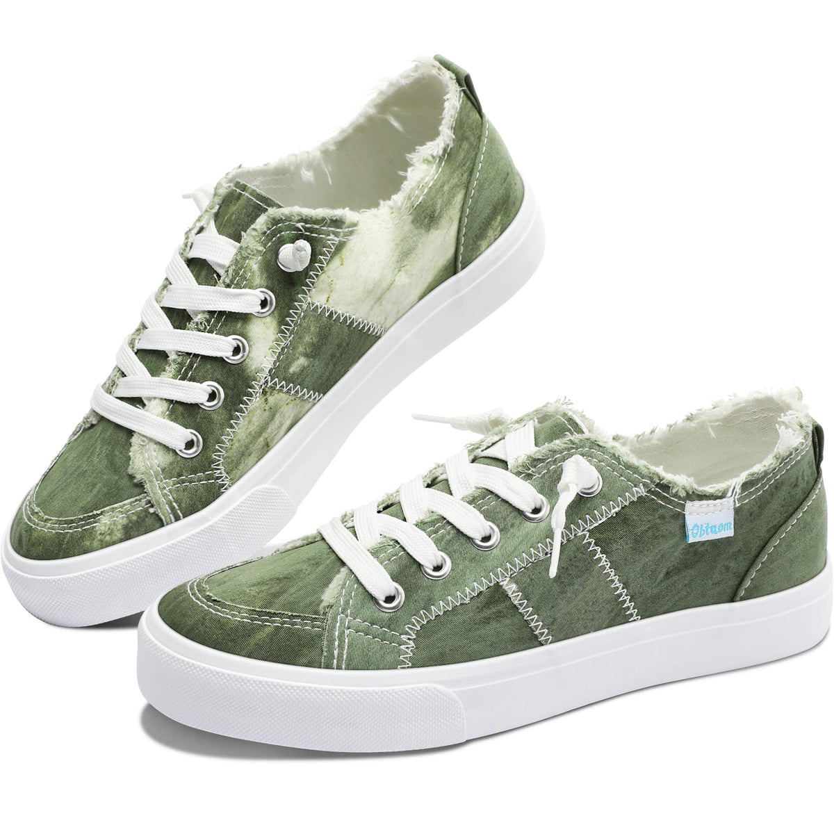 Obtaom Women's Play Fashion Sneaker White Color Washed and Leopard Canvas Slip on Shoes