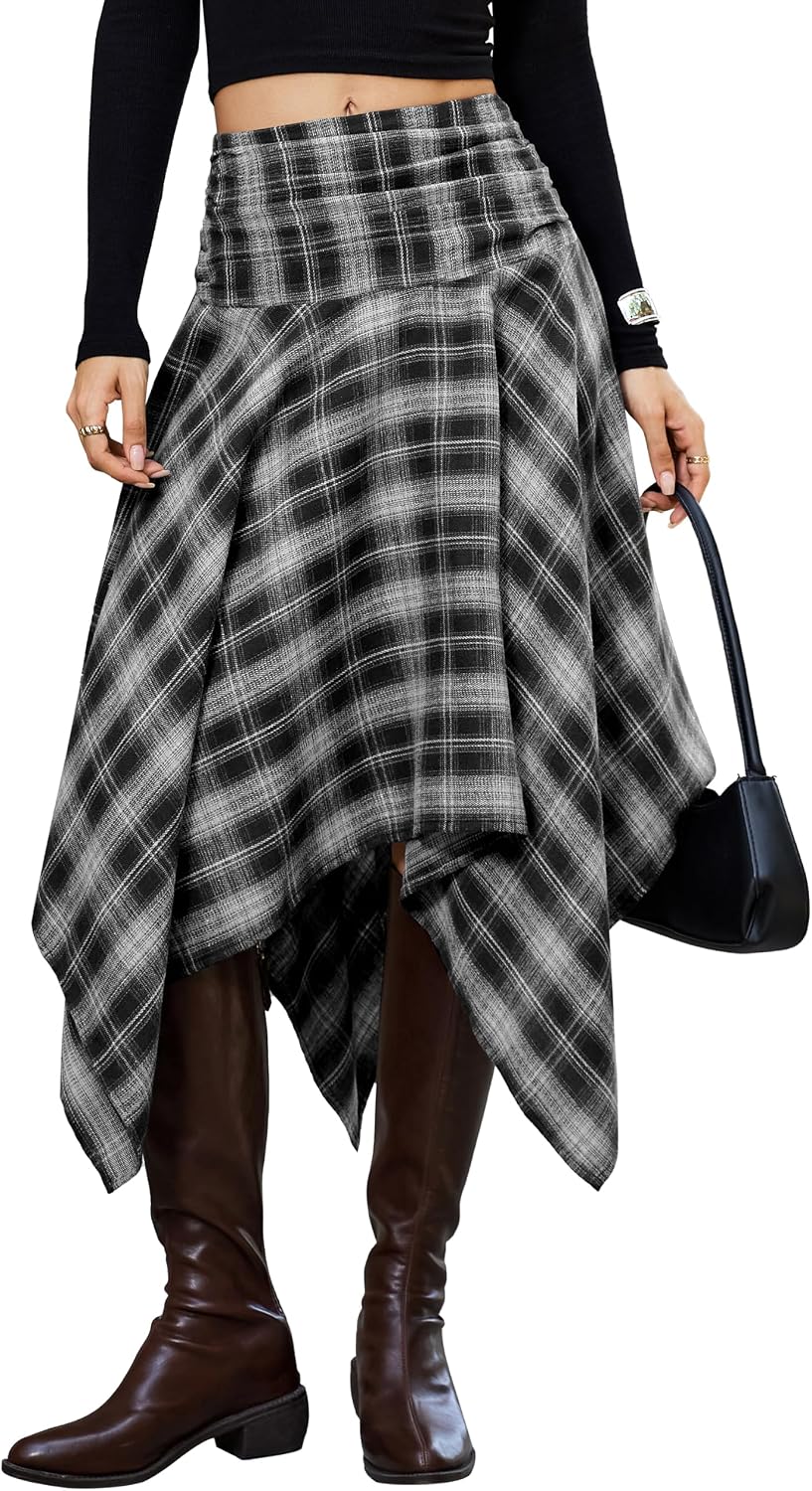Bsubseach Women Asymmetrical Plaid Midi Skirt Y2k Handkerchief Fall Skirt