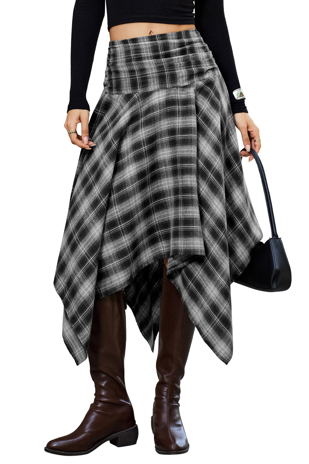 Bsubseach Women Asymmetrical Plaid Midi Skirt Y2k Handkerchief Fall Skirt