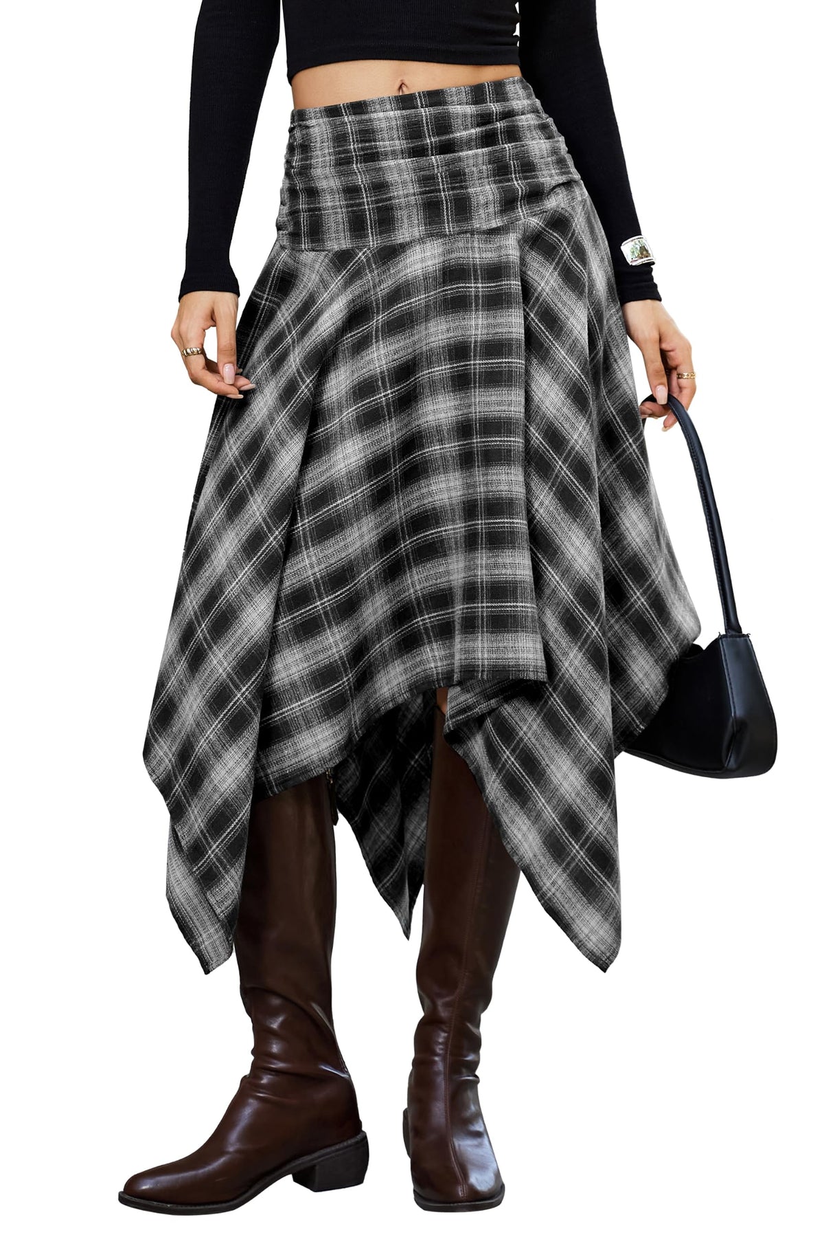 Bsubseach Women Asymmetrical Plaid Midi Skirt Y2k Handkerchief Fall Skirt