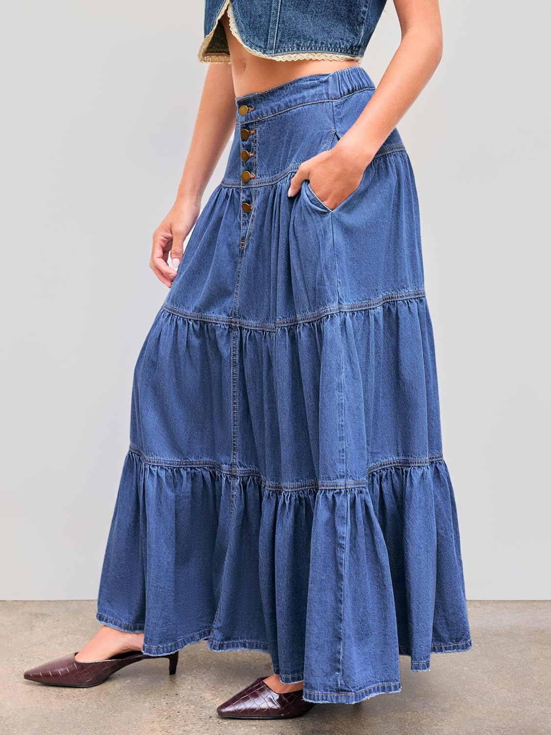 CIDER Womens Long Jean Denim Tiered Button Down High Waist Maxi Skirts