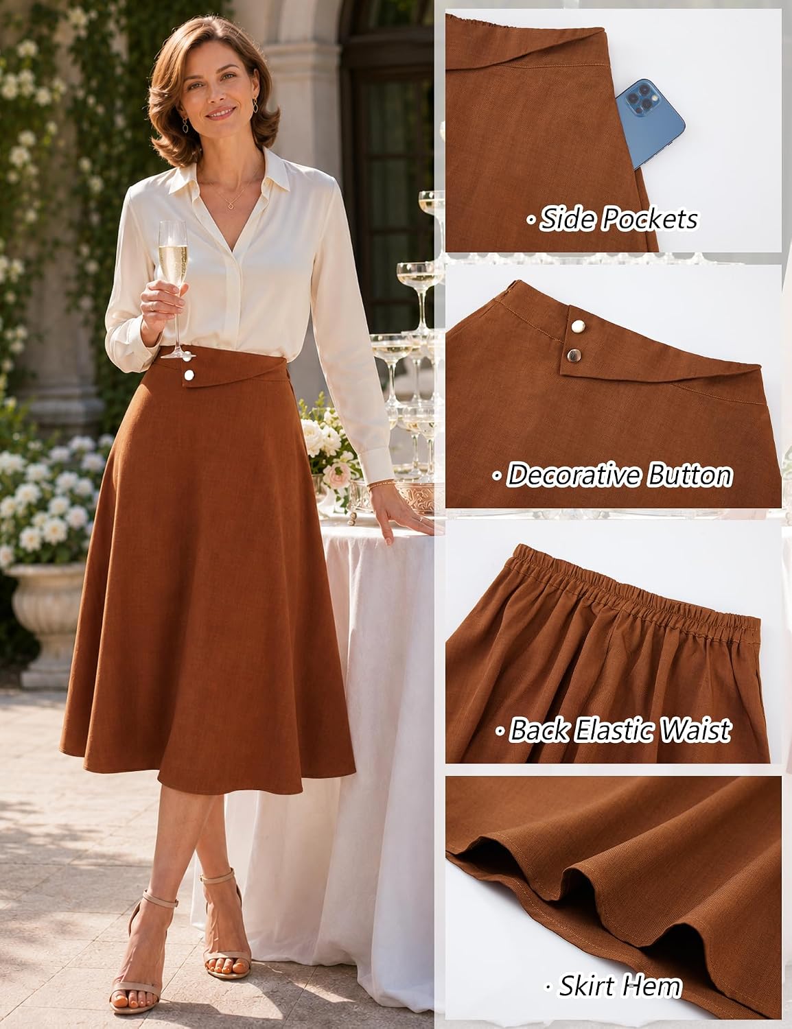 Dressystar Women's Midi Skirt with Pockets A Line Skirts for Business Work