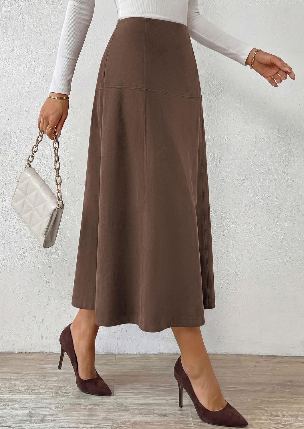 PRETTYGARDEN Womens High Waist Faux Suede A Line Midi Skirt
