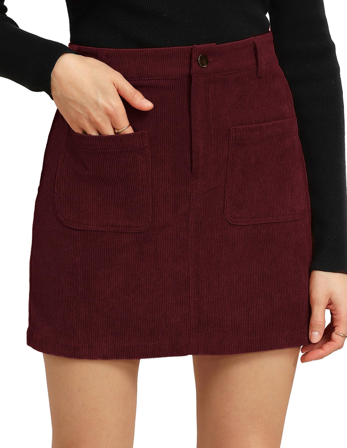 Kate Kasin Women Fall Corduroy Mini Skirt, High Waist Skirts with Pockets