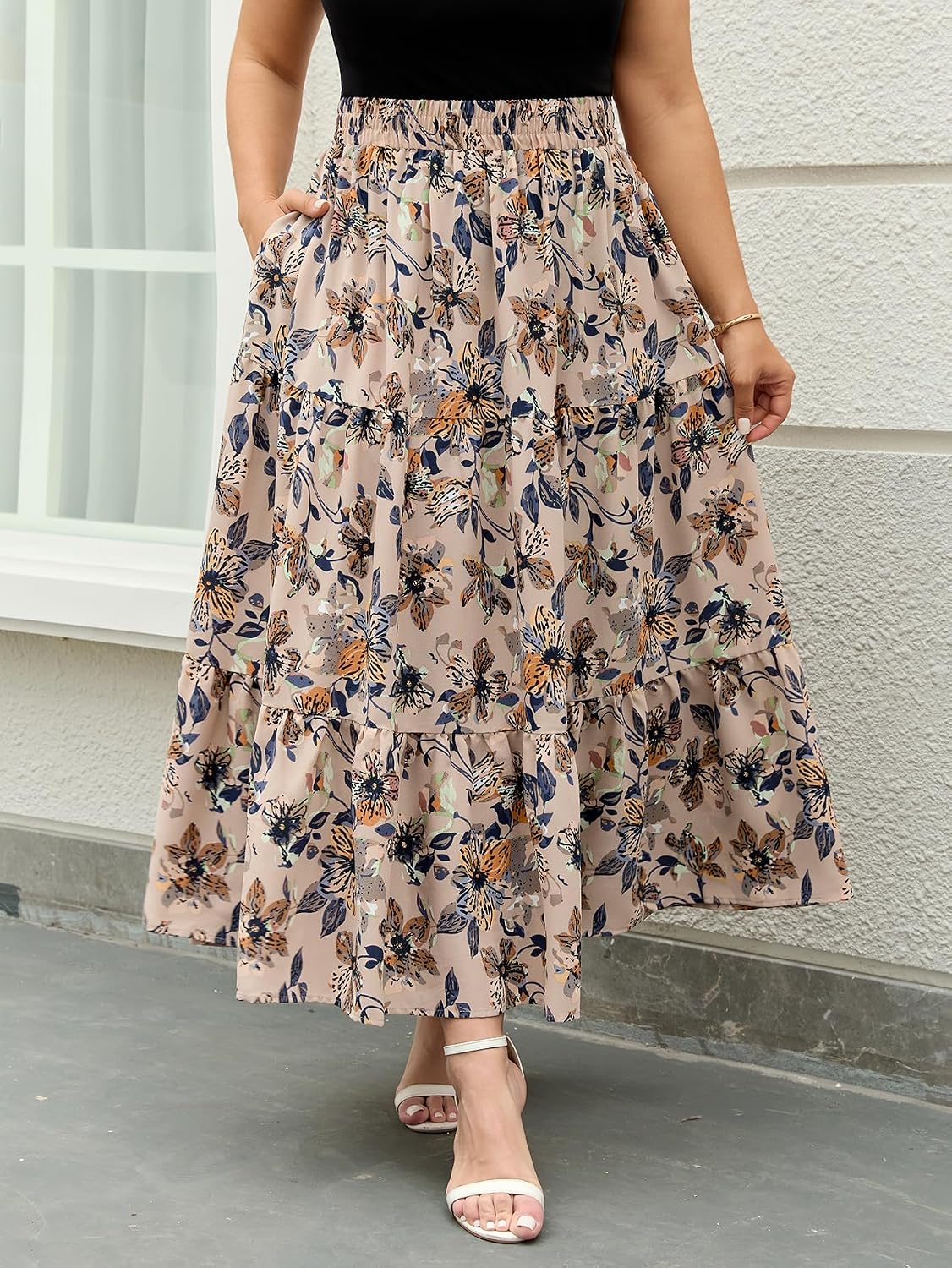 SHESTARR Women Plus Size Skirt Floral Tiered Maxi Skirts