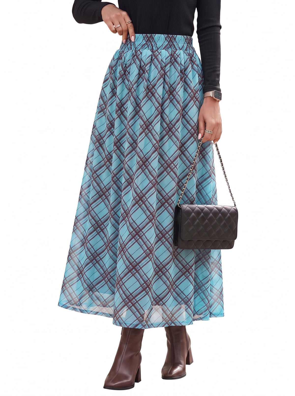 Dokotoo Fall Skirts for Women Elastic High Waist A-line Flowy Long Skirt