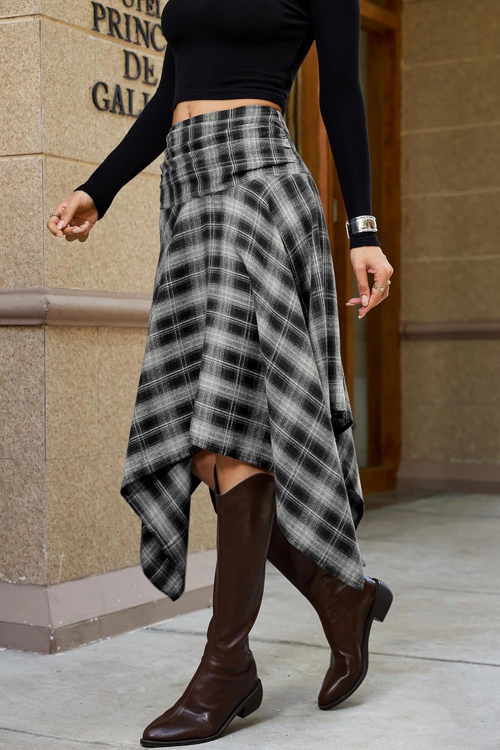 Bsubseach Women Asymmetrical Plaid Midi Skirt Y2k Handkerchief Fall Skirt