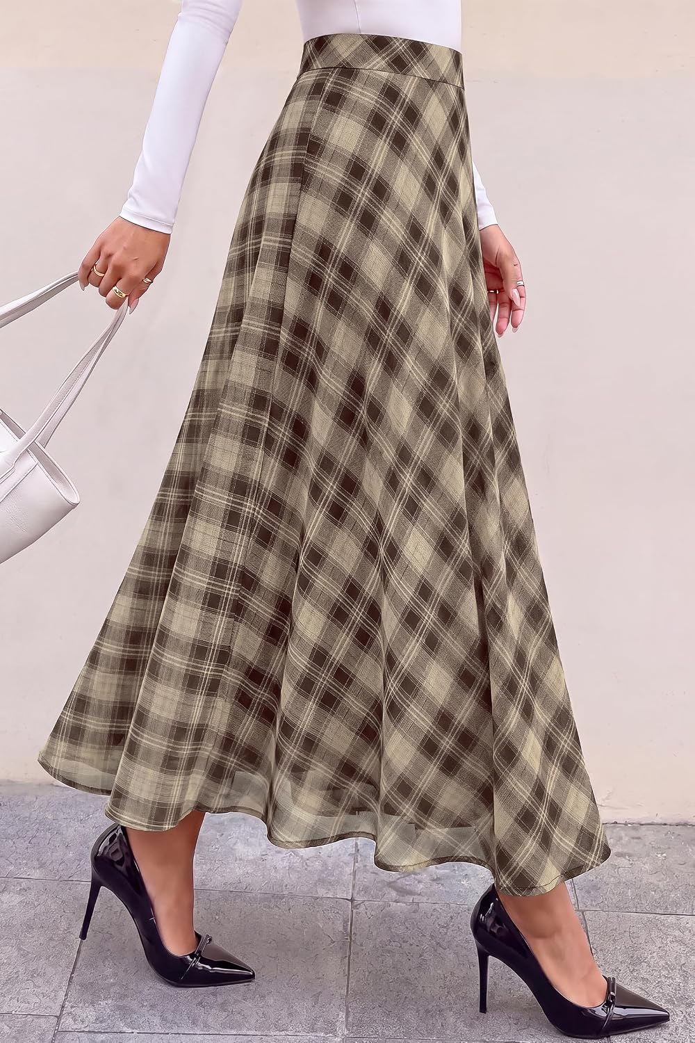dowerme Casual A-Line Plaid Maxi Skirts for Women Trendy