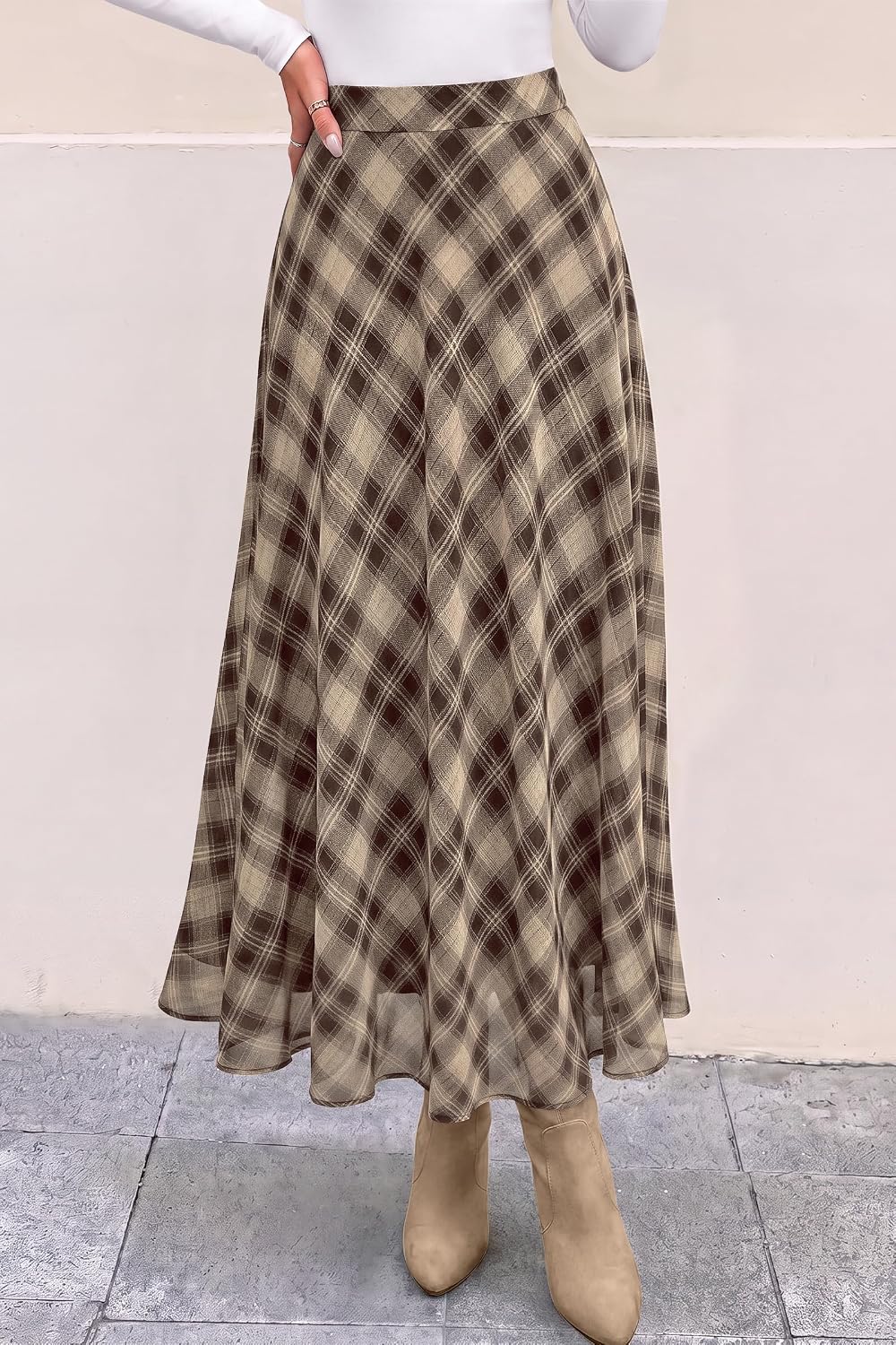 dowerme Casual A-Line Plaid Maxi Skirts for Women Trendy
