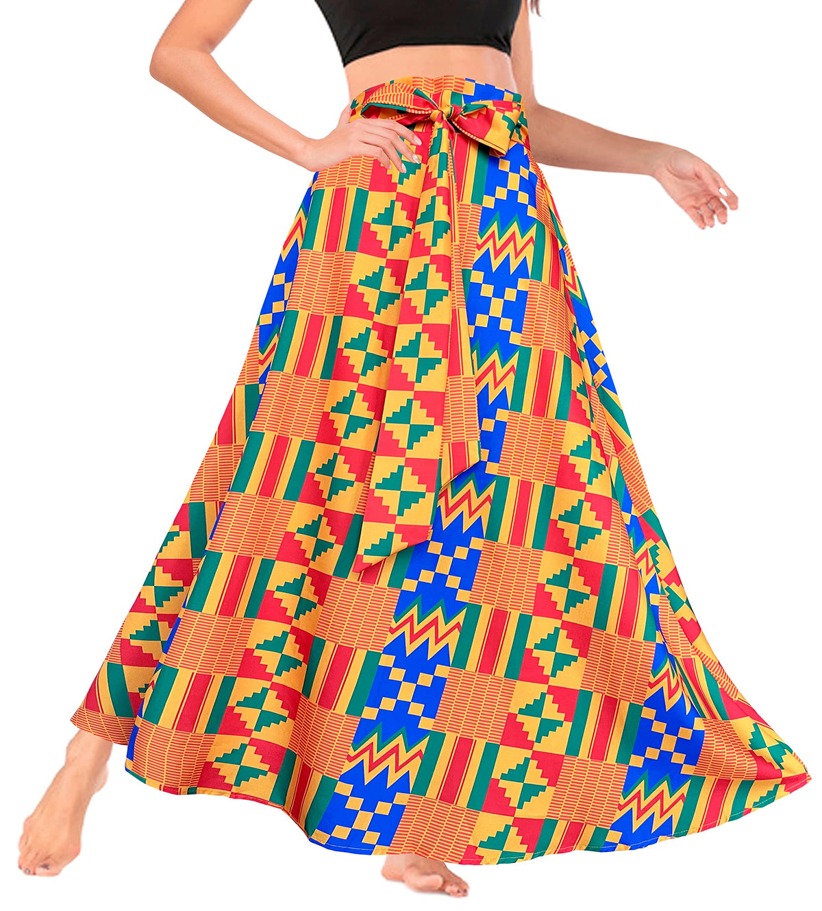 Afibi Women's High Waist Skirt Tie Front A-Line Flowy Long Maxi Skirts with Pockets